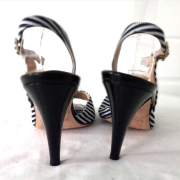 Kate Spade Slingback Heels Sz 6.5 B Black White Pinstripe Made in Italy - Picture 6 of 11